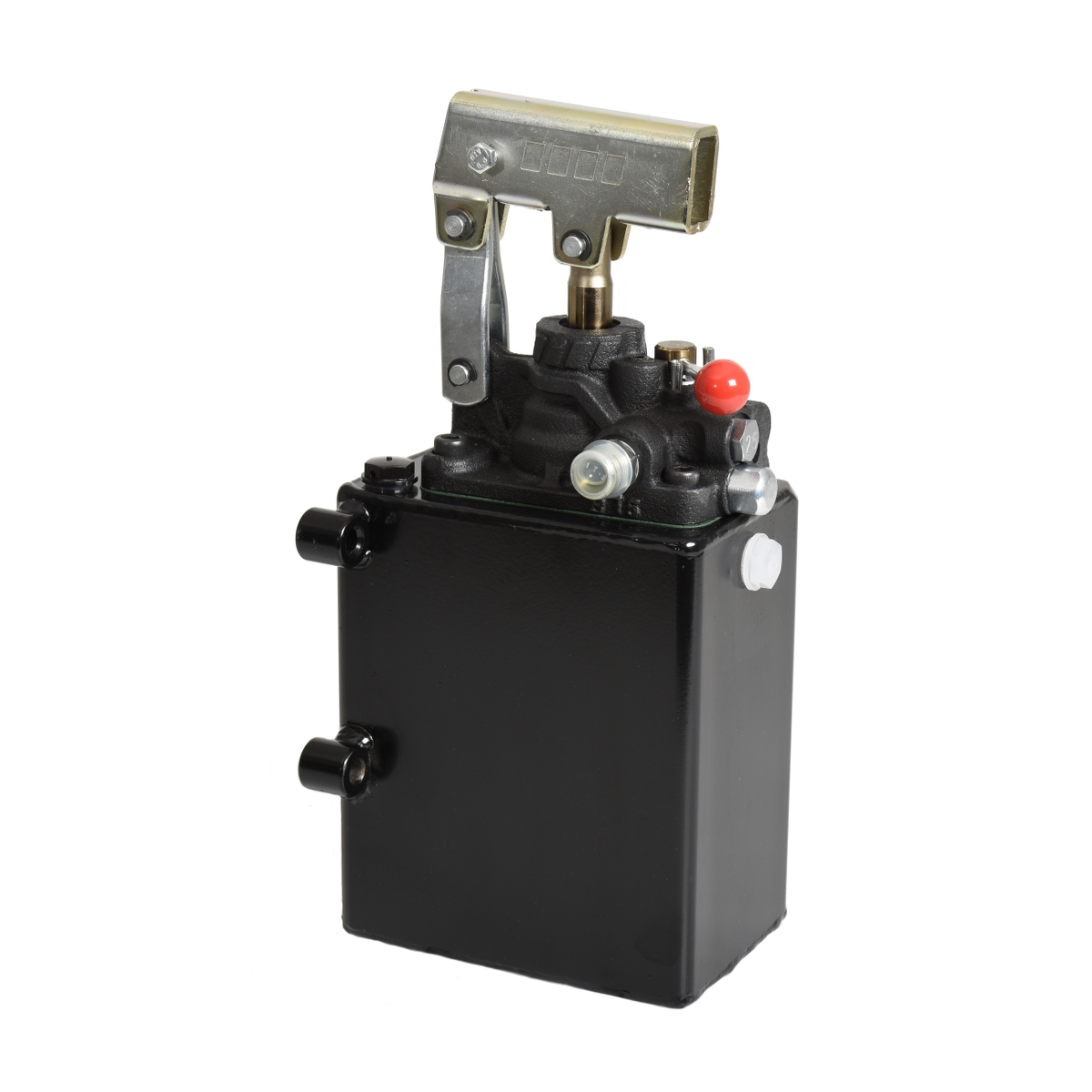 Dubbelverkande handpump med svart hydraulbehållare och metallhandtag för manuell drift av hydraulsystem