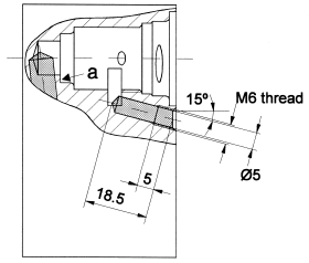 Teknisk ritning av Flexodrill hydraulcylinder med måttangivelser: Ø5mm hål, 15° vinkel, M6-gänga, mått 18,5mm