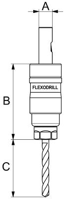 Flexodrill hydraulcylinder med förlängd kolv och märkning av dimensioner A, B och C