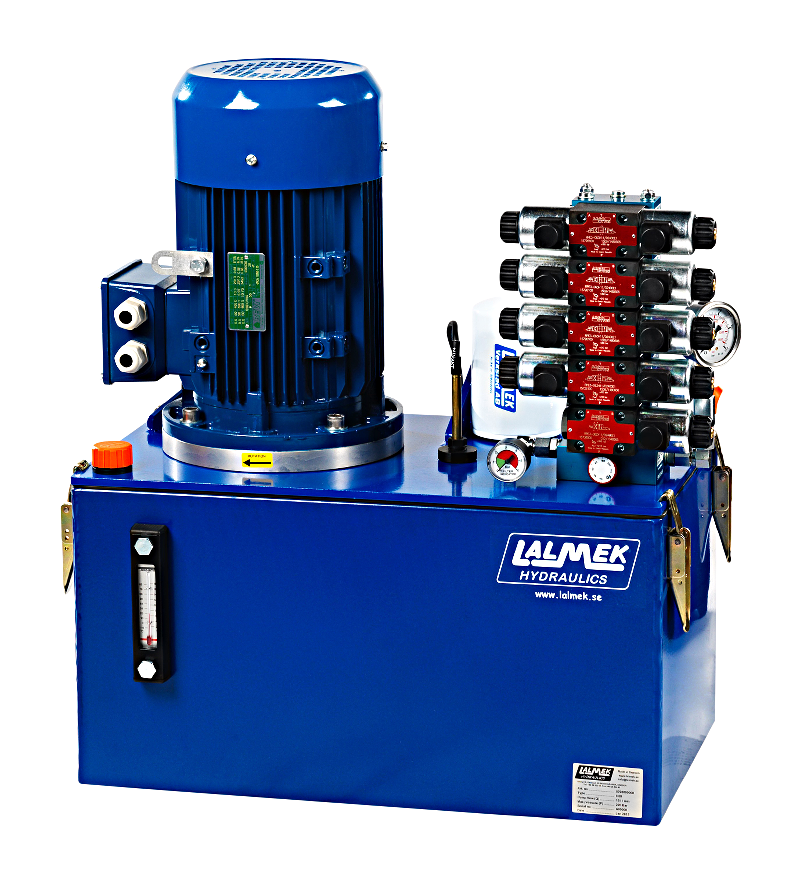 Blått H50 hydraulaggregat från Lalmek med elmotor, hydraultank och ventilblock med röda styrventilar