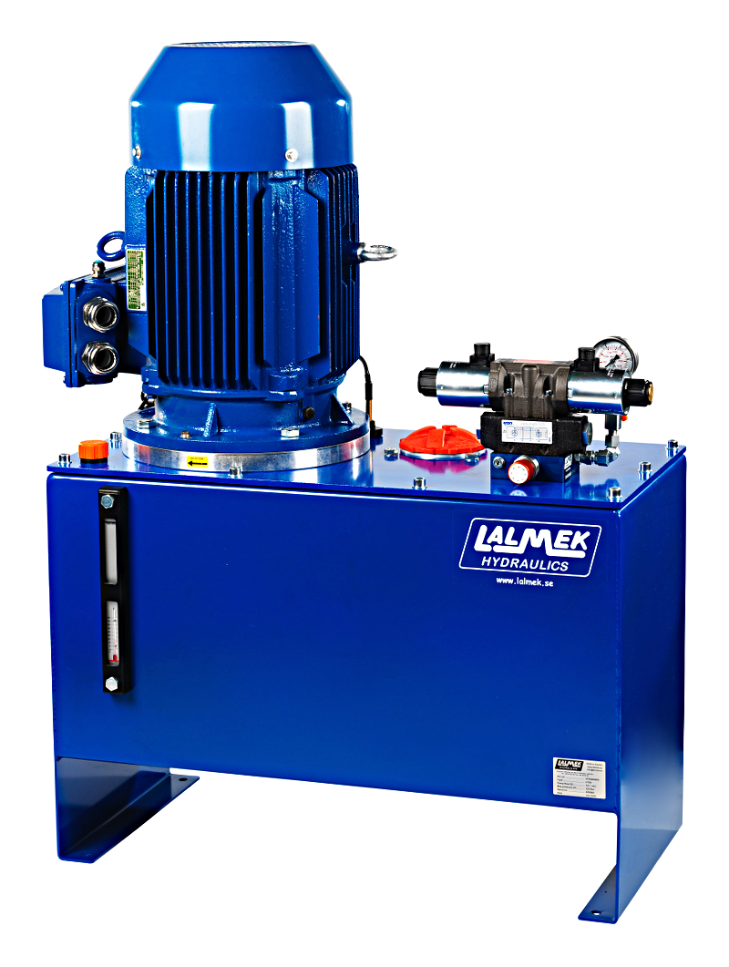 Blått H100 hydraulaggregat från Lalmek med elektrisk motor, hydraultank och styrutrustning