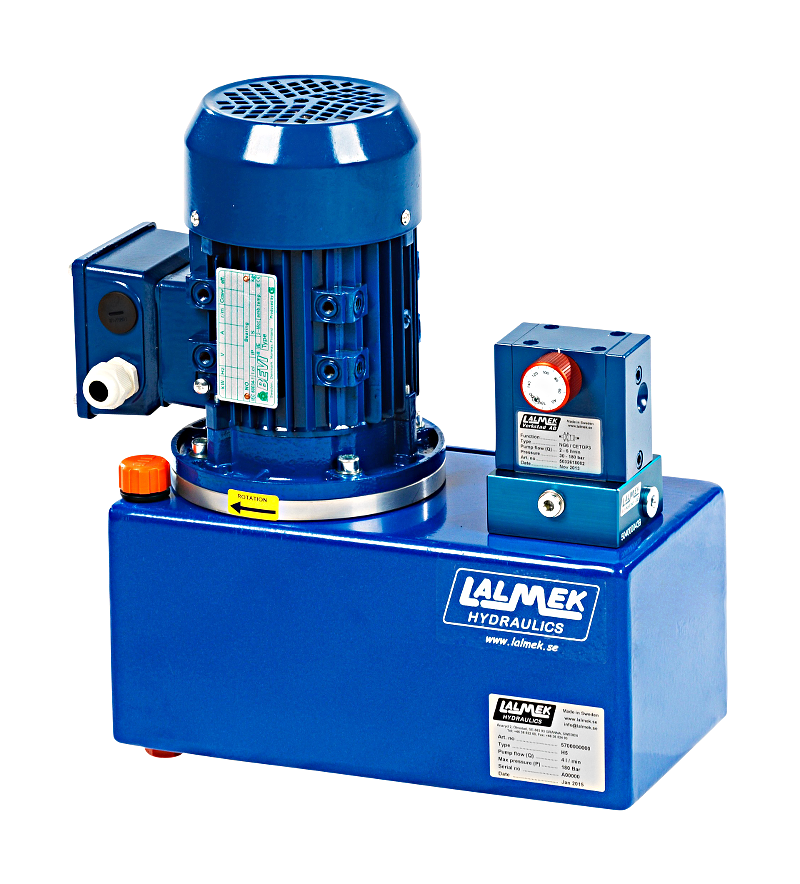 Lalmek H5 hydraulaggregat med blå motor, hydrauliktank och tryckreglerventil för industriella hydraulsystem