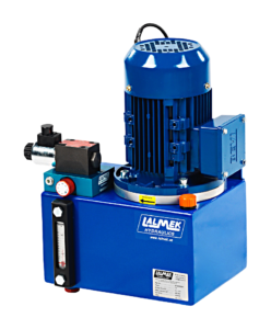 Blått H7 hydraulaggregat från Lalmek med elmotor, hydraulpump, tank och styrventilar för industriell användning