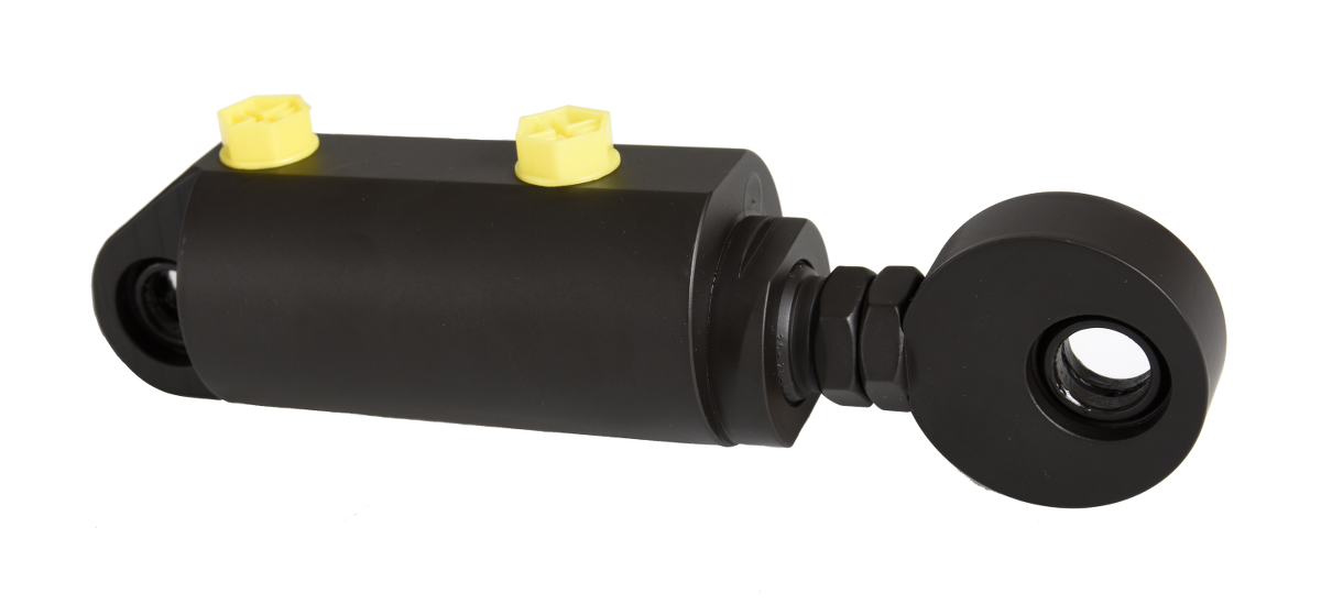 Svart minicylinder ø32/20x60 med gula greasernipplar, dubbeltverkande hydraulcylinder med svetsad konstruktion