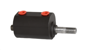Minicylinder 25/16x33 med svart cylinderhus, röda hydraulanslutningar och gängad kolvstång i rostfritt stål