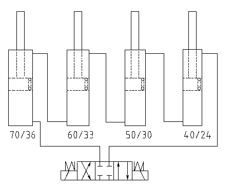Teknisk ritning av PARALLEX dragstångscylindrar i fyra storlekar: 70/36, 60/33, 50/30, 40/24 med hydraulschema