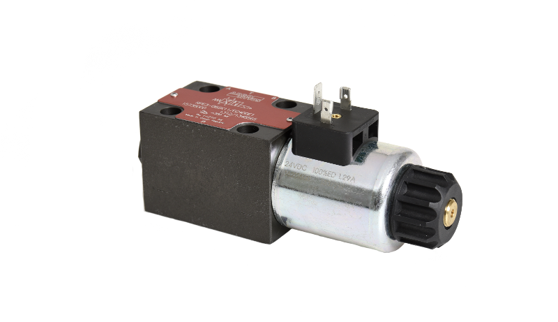 Elstyrd riktningsventil NG4 med röd magnetspole och svart ventilkropp för hydrauliska system