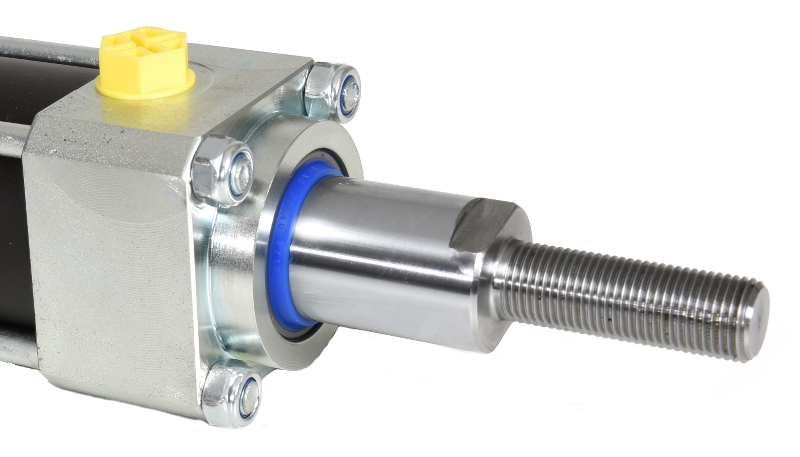 Hydraulcylinder med gängad kolv och blå tätning, tillverkad i rostfritt stål med flänsmontering