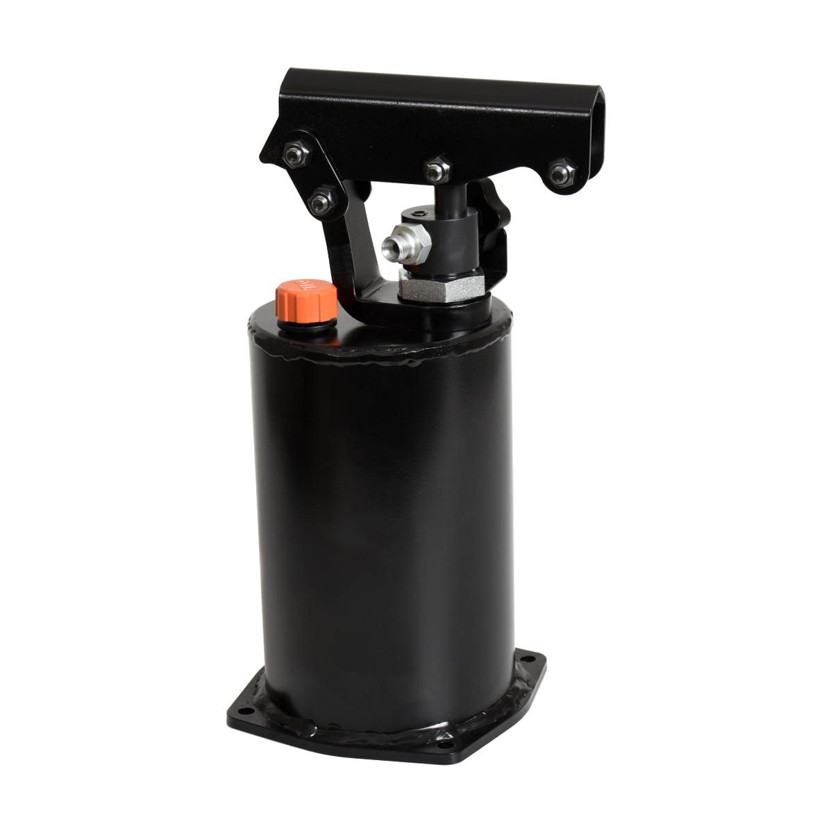 Hydraulisk handpump med svart cylindrisk tank och handtag med orange säkerhetsventil