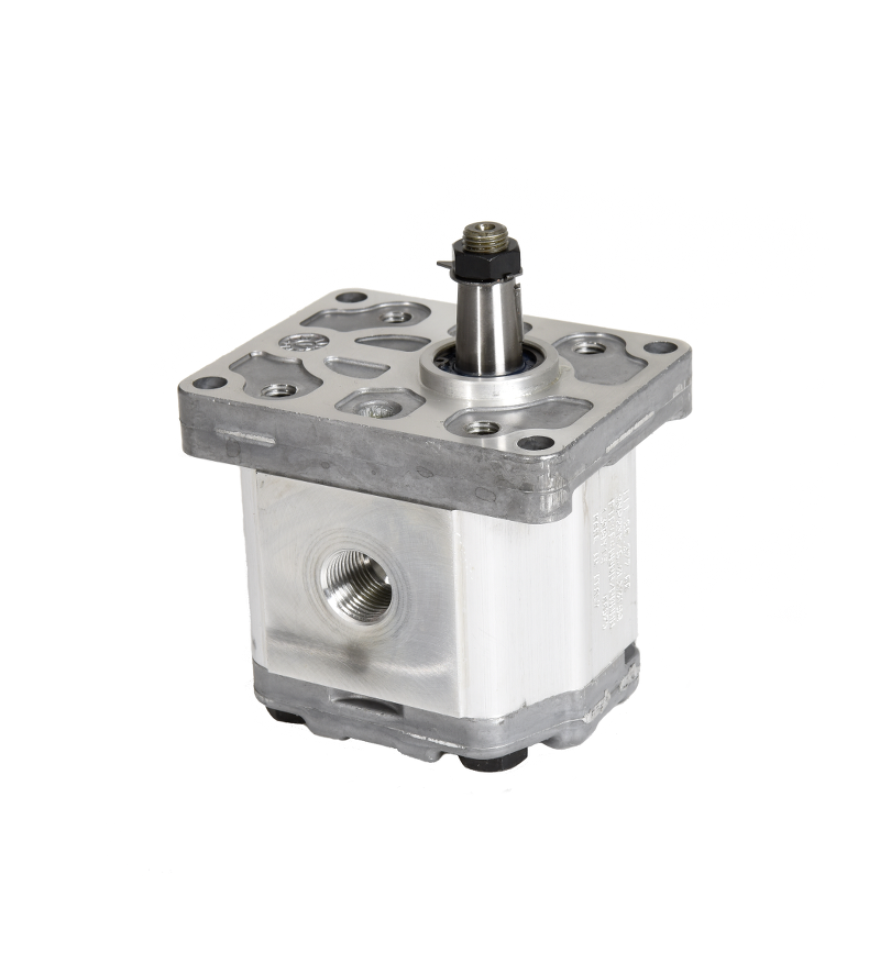Hydraulpump i aluminium med utskjutande drivaxel och anslutningsportar för hydraulolja